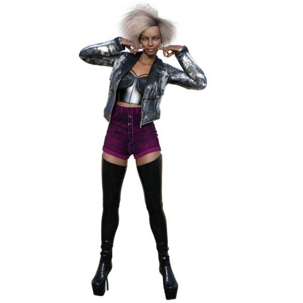 Deri çizmeli, deri ceketli, şeffaf arkaplanlı 3 boyutlu Afro-Amerikan kadın.