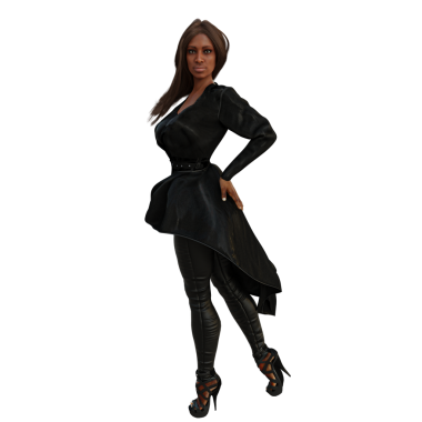 Üç boyutlu, şeffaf arka planda uzun koyu renk ceketli ve deri pantolonlu bir kadın karakter.