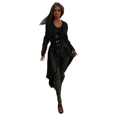 Üç boyutlu, şeffaf arka planda uzun koyu renk ceketli ve deri pantolonlu bir kadın karakter.