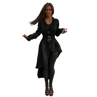 Üç boyutlu, şeffaf arka planda uzun koyu renk ceketli ve deri pantolonlu bir kadın karakter.