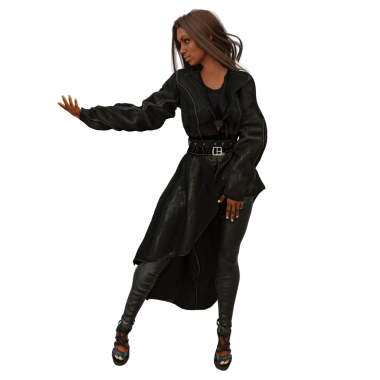 Üç boyutlu, şeffaf arka planda uzun koyu renk ceketli ve deri pantolonlu bir kadın karakter.