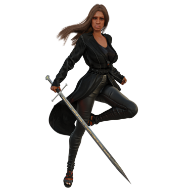Deri ceketli ve deri pantolonlu, şeffaf arka planda izole edilmiş bir kılıç tutan 3D kentsel fantezi kadın karakter.