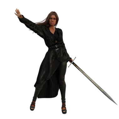 Deri ceketli ve deri pantolonlu, şeffaf arka planda izole edilmiş bir kılıç tutan 3D kentsel fantezi kadın karakter.