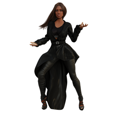 Üç boyutlu, şeffaf arka planda uzun koyu renk ceketli ve deri pantolonlu bir kadın karakter.