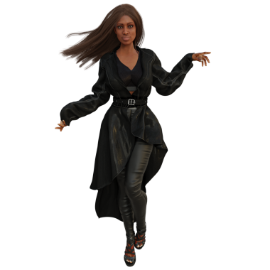 Üç boyutlu, şeffaf arka planda uzun koyu renk ceketli ve deri pantolonlu bir kadın karakter.