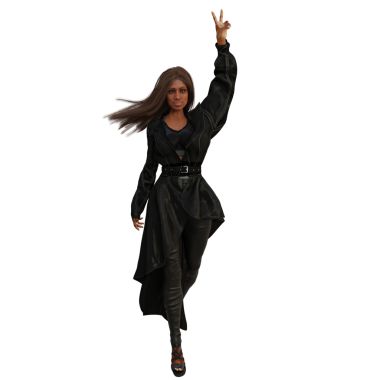 Üç boyutlu, koyu renk ceketli bir kadın karakteri. Elinde şeffaf arka planda izole edilmiş barış sembolü oluşturuyor.