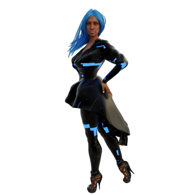 3D, şeffaf arka planda izole edilmiş koyu renk ışıklı siber punk kadın.