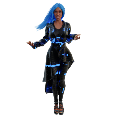 3D, şeffaf arka planda izole edilmiş koyu renk ışıklı siber punk kadın.