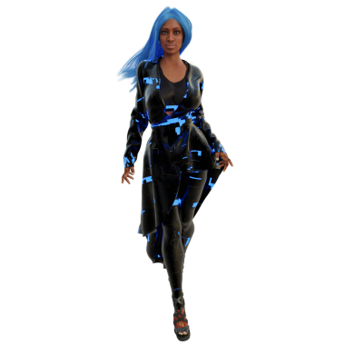 3D, şeffaf arka planda izole edilmiş koyu renk ışıklı siber punk kadın.