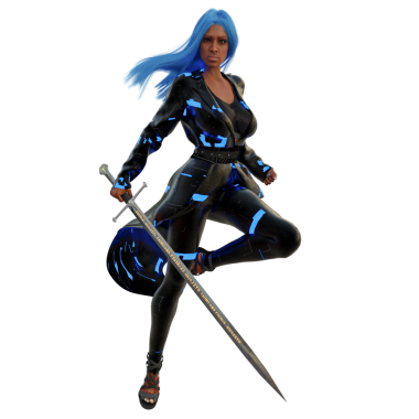Üç boyutlu, siyah ceketli, şeffaf arkaplanda izole edilmiş bir kılıç tutan siber punk kadın karakter.