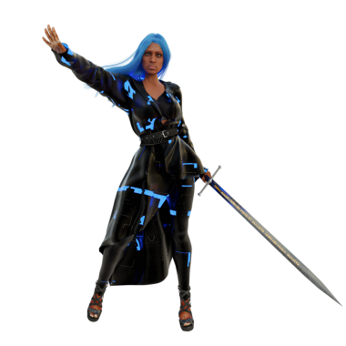 Üç boyutlu, siyah ceketli, şeffaf arkaplanda izole edilmiş bir kılıç tutan siber punk kadın karakter.