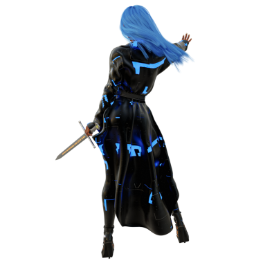 Üç boyutlu, siyah ceketli, şeffaf arkaplanda izole edilmiş bir kılıç tutan siber punk kadın karakter.