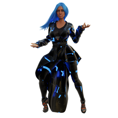 3D, şeffaf arka planda izole edilmiş koyu renk ışıklı siber punk kadın.