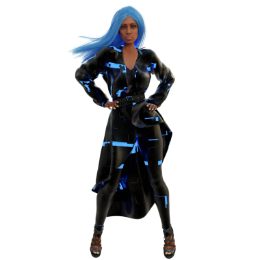 3D, şeffaf arka planda izole edilmiş koyu renk ışıklı siber punk kadın.