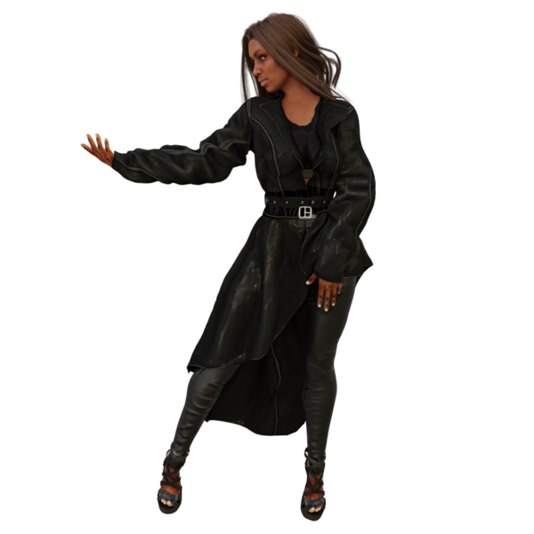 Üç boyutlu, şeffaf arka planda uzun koyu renk ceketli ve deri pantolonlu bir kadın karakter.