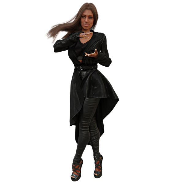 Üç boyutlu, şeffaf arka planda uzun koyu renk ceketli ve deri pantolonlu bir kadın karakter.