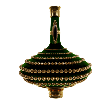 Şeffaf arkaplanda izole edilmiş altın detaylarla hazırlanmış 3 boyutlu iksir şişesi.