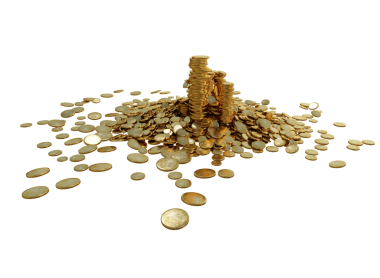 Şeffaf arkaplanda izole edilmiş 3D altın sikke yığını