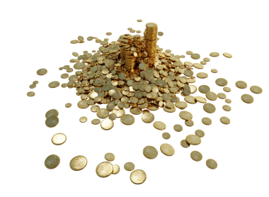 Şeffaf arkaplanda izole edilmiş 3D altın sikke yığını