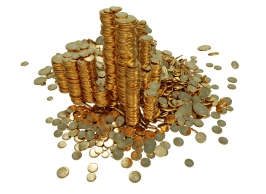 Şeffaf arkaplanda izole edilmiş 3D altın sikke yığını