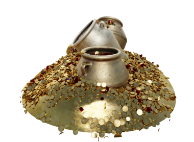 Şeffaf arkaplanda izole edilmiş 3 boyutlu altın kaplama hazine.