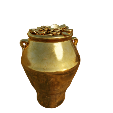 Şeffaf arkaplanda izole edilmiş 3 boyutlu altın kaplama hazine.