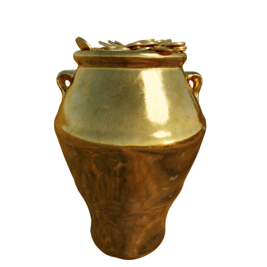 Şeffaf arkaplanda izole edilmiş 3 boyutlu altın kaplama hazine.