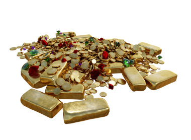 3 boyutlu altın külçeli ve şeffaf arkaplanda izole edilmiş değerli taşlar.