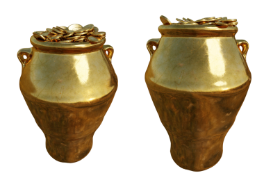 Şeffaf arkaplanda izole edilmiş 3 boyutlu altın kaplama hazine.