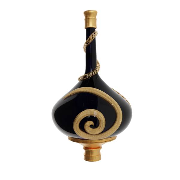 Şeffaf arkaplanda izole edilmiş altın detaylarla hazırlanmış 3 boyutlu iksir şişesi.