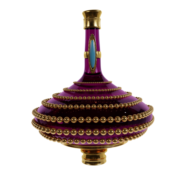 Şeffaf arkaplanda izole edilmiş altın detaylarla hazırlanmış 3 boyutlu iksir şişesi.