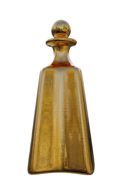 Şeffaf arkaplanda izole edilmiş 3D altın şişe