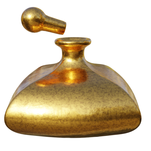 Şeffaf arkaplanda izole edilmiş 3D altın şişe