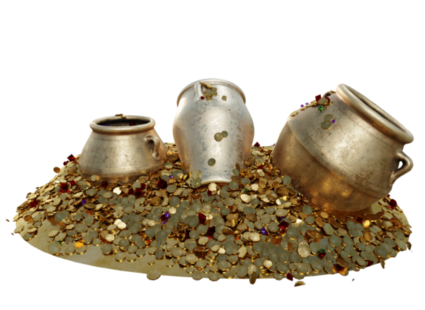 Şeffaf arkaplanda izole edilmiş 3 boyutlu altın kaplama hazine.