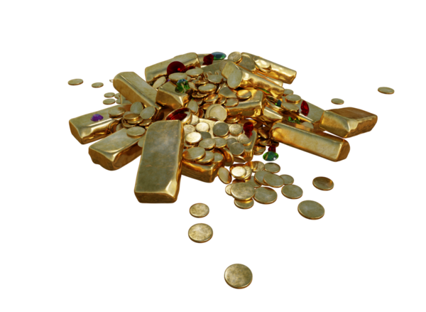 3 boyutlu altın külçeli ve şeffaf arkaplanda izole edilmiş değerli taşlar.