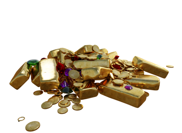 3 boyutlu altın külçeli ve şeffaf arkaplanda izole edilmiş değerli taşlar.