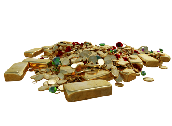 3 boyutlu altın külçeli ve şeffaf arkaplanda izole edilmiş değerli taşlar.