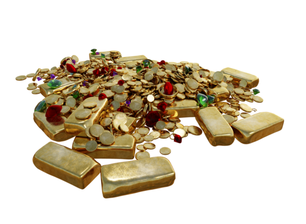 3 boyutlu altın külçeli ve şeffaf arkaplanda izole edilmiş değerli taşlar.