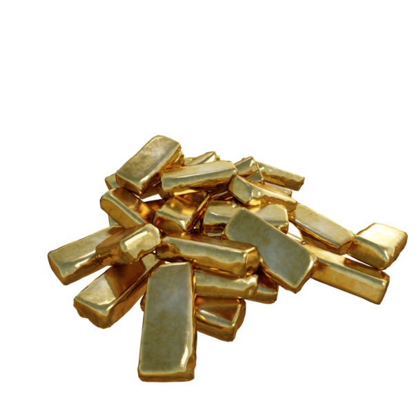 Şeffaf arkaplanda izole edilmiş 3D işlenmiş altın çubukları