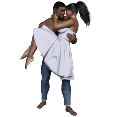 3 boyutlu romantik bir çift, kot giyen üstsüz bir adam ve şeffaf arka planda izole edilmiş akıcı elbiseli bir kadın. 