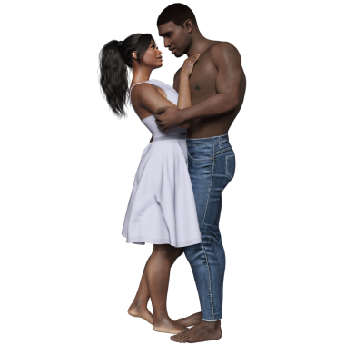 3 boyutlu romantik bir çift, kot giyen üstsüz bir adam ve şeffaf arka planda izole edilmiş akıcı elbiseli bir kadın. 