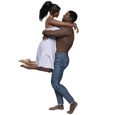 3 boyutlu romantik bir çift, kot giyen üstsüz bir adam ve şeffaf arka planda izole edilmiş akıcı elbiseli bir kadın. 