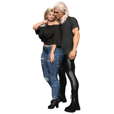 3D şehvetli şehir fantezi çifti kıvrımlı güzel bir kadın ve şeffaf arka planda uzun sarı saçlı bir adam.