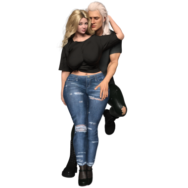 3D şehvetli şehir fantezi çifti kıvrımlı güzel bir kadın ve şeffaf arka planda uzun sarı saçlı bir adam.