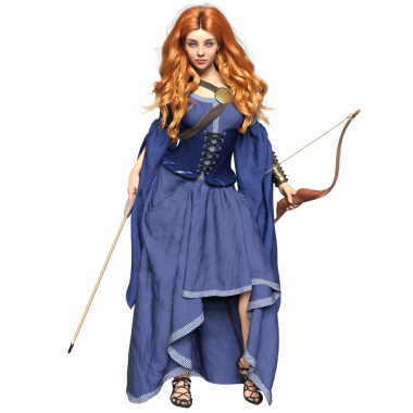 3 boyutlu, şeffaf arkaplanda mavi ortaçağ elbisesi olan bir kadın fantezi karakteri.