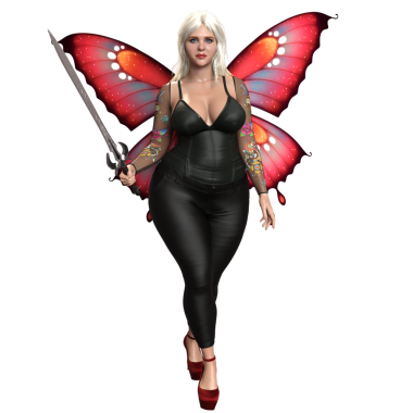 Deri elbiseli, şeffaf arka planda kırmızı kanatlı, 3 boyutlu bir kadın şehir fantezi kelebeği.