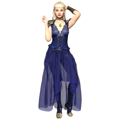 Üç boyutlu, uzun mavi elbisesi ve şeffaf arka planda izole edilmiş altın detayları olan kadın fantezi steampunk karakteri.