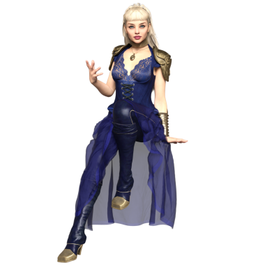 Üç boyutlu, uzun mavi elbisesi ve şeffaf arka planda izole edilmiş altın detayları olan kadın fantezi steampunk karakteri.