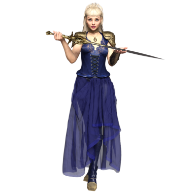 Üç boyutlu, uzun mavi elbisesi ve şeffaf arka planda izole edilmiş altın detayları olan kadın fantezi steampunk karakteri.