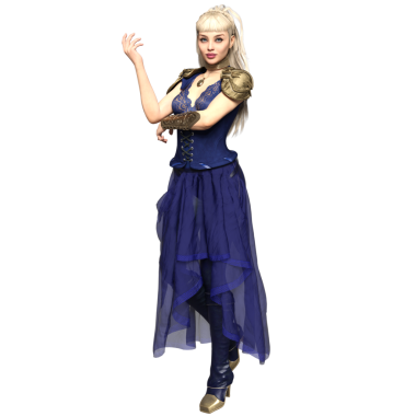 Üç boyutlu, uzun mavi elbisesi ve şeffaf arka planda izole edilmiş altın detayları olan kadın fantezi steampunk karakteri.